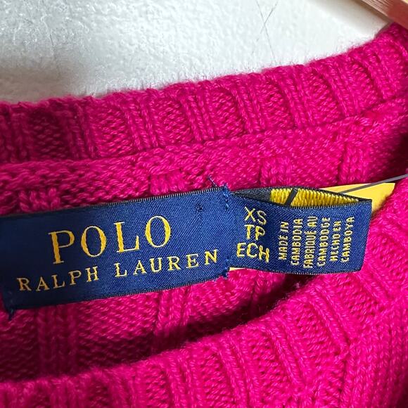 POLO RALPH LAUREN Cable Knit Cotton Crewneck Sweater Magenta Pink Sz XS NWT {U2} - Picture 4 of 6